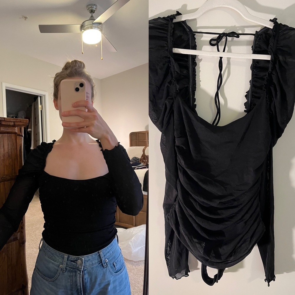 NWT FREE PEOPLE Intimately Free Sheer Long Sleeve Black Body Suit Ruching